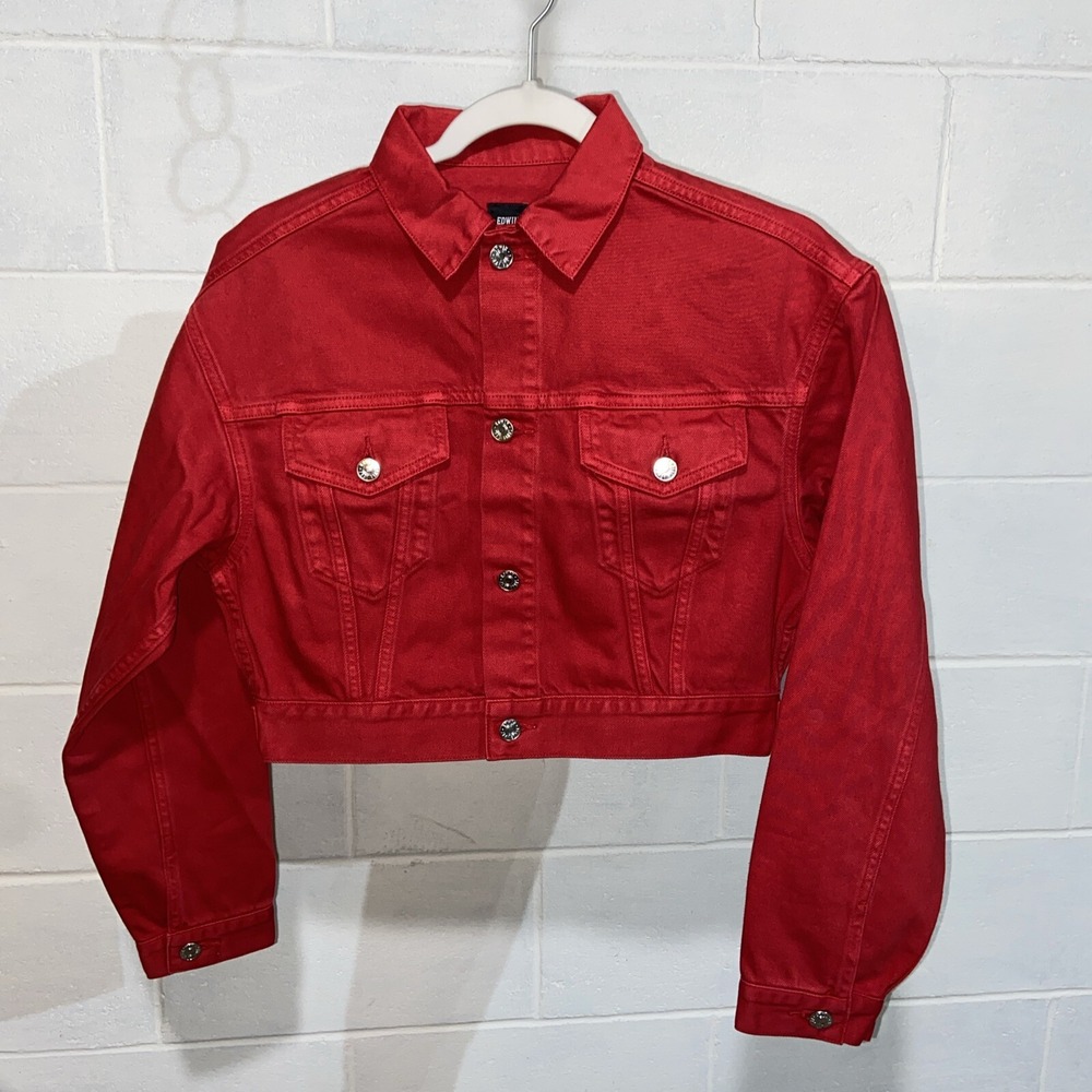 EDWIN Anthropologie Women's SIA Denim Jacket S Scarlet 80s Cropped Colorful NWT‎